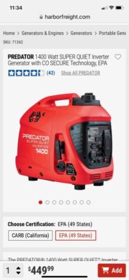 1400 Watt SUPER QUIET Inverter Generator with CO SECURE Technology, EPA