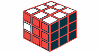 Three sides of a cube are seen, each a different color, with one white square among the nine blocks otherwise shaded red.