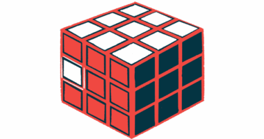 Three sides of a cube are seen, each a different color, with one white square among the nine blocks otherwise shaded red.