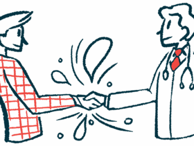 Two men shake hands in a graphic that illustrates a deal or agreement.