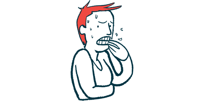 An illustration of an anxious person, biting their nails and sweating.