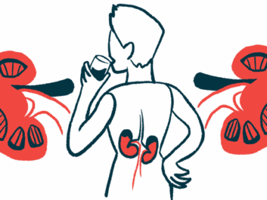 Enlarged images of the kidneys are seen on either side of a person pictured from behind while drinking from a glass.