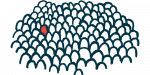 An illustration of rare shows a single person highlighted in red among a large crowd.
