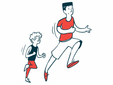 An adult and a child are shown running.
