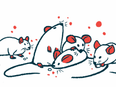 Five mice cluster together, with one holding a food pellet in its paws.