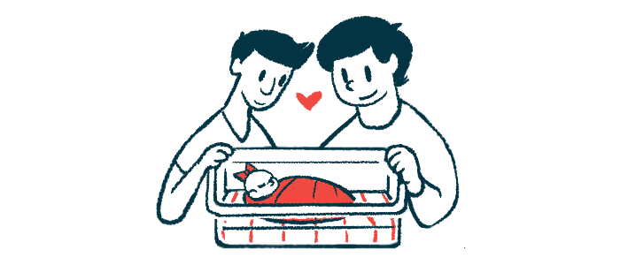 An illustration showing two people looking with love at a newly born child.