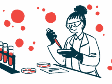 A scientist works with petri dishes in a lab along side a rack of vials filled with blood.