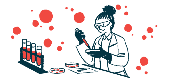 A scientist works with petri dishes in a lab along side a rack of vials filled with blood.
