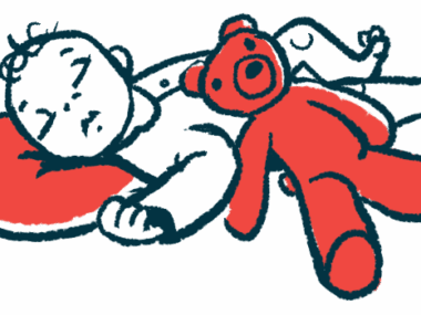 This is an illustration of an infant sleepy with a teddy bear.