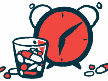 A cup of medicines sit in front of an alarm clock showing the time at shortly aftger 6:00.