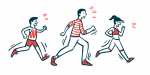 Three people run in a group.