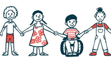 An illustration of four children, including one in a wheelchair, holding hands.