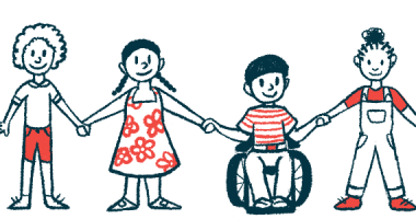 An illustration of four children, including one in a wheelchair, holding hands.