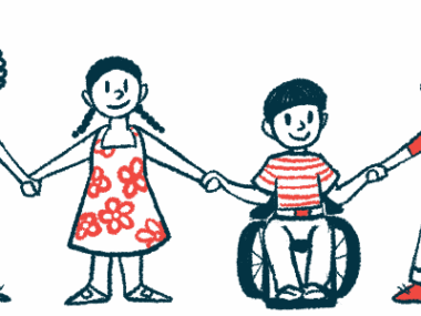 An illustration of four children, including one in a wheelchair, holding hands.