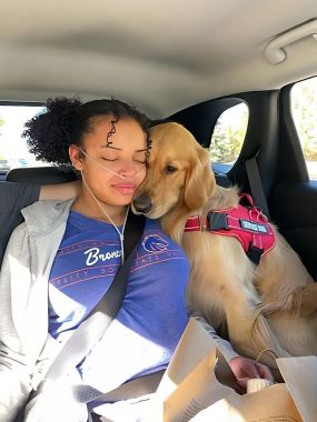 A photo of a woman and her dog in a car. The woman wears a purple shirt with a gray warmup jacket, and she has on her seat belt. The dog is resting his head on her shoulder and is large and golden-colored.