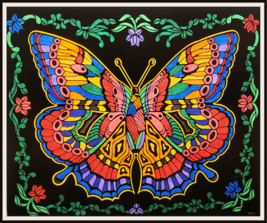 A mosaic drawing depicts a colorful butterfly surrounded by vines and flowers against a black background.