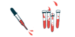 A squirting dropper is pictured near four vials half-filled with blood.