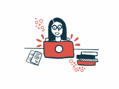 Illustration of a person at a desk using a laptop computer next to a pile of books and a pamphlet.