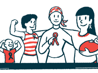 A group of people join together, with some showing off upraised arms and awareness ribbons.