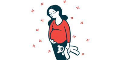 A pregnant woman holding a teddy bear is shown in this illustration.