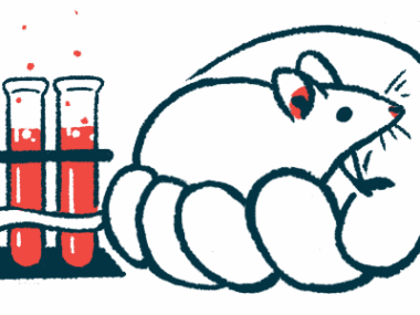 An oversized human hand holds a rat in a lab, alongside a rack containing a trio of filled vials.