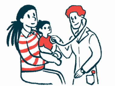 A doctor uses a stethoscope to listen to the chest of a child being held by a seated parent.