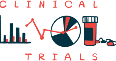 Clinical trials illustration showing different charts and a pill bottle.