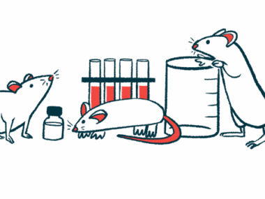 Rodents are pictured alongside vials and a beaker.