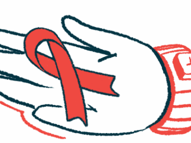 A red awareness ribbon is shown resting on a person's outstretched palm.