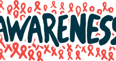 The word 'awareness' is seen in large, bold, black letters against a backdrop of red awareness ribbons.