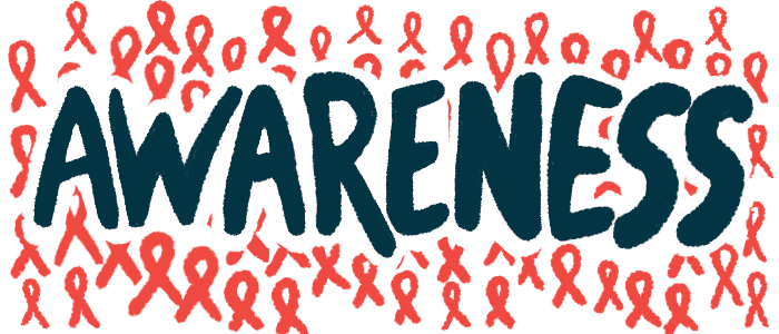 The word 'awareness' is seen in large, bold, black letters against a backdrop of red awareness ribbons.