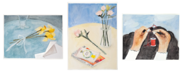 A three-photo collage, from left to right, of hand-painted water colors artwork. The pieces on the left and right are horizontal, while the one in the middle is vertical. The one on the left shows yellow daffodils sitting on a blue table next to a card envelope and a glass; the middle one shows other flowers in a vase and on the table, next to some kind of greeting card; the third shows two hands threading red string through a needle. 