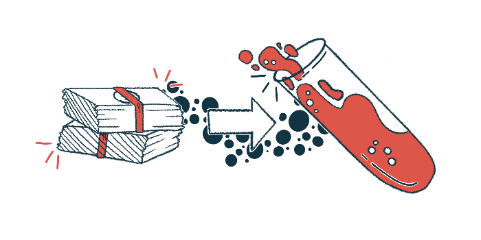 A large white arrow goes from packets of money to a vial filled with blood in this project funding illustration.