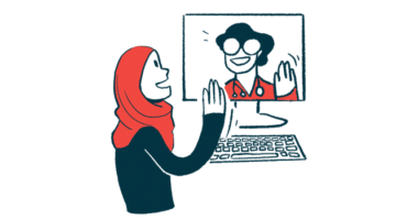 A patient and clinican wave to each other over a computer screen.