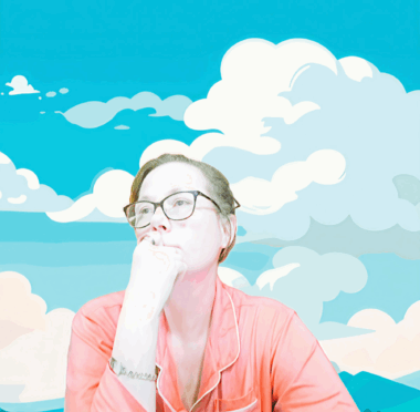 Cartoon blue sky and white fluffy clouds are the backdrop for a faded image of Jolie in a common thinking pose with her hand on her chin as she gazes out, lost in thought.