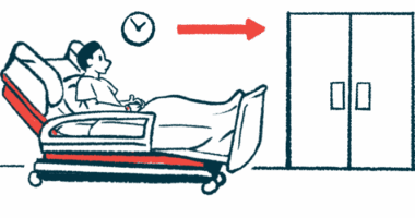 A patient on a hospital gurney is seen waiting in a hallway outside a set of double doors.