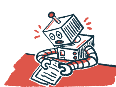 An illustration depicts a robot sitting at a table and reading from a paper.