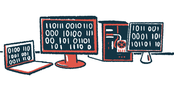 Computer screens display binary code.