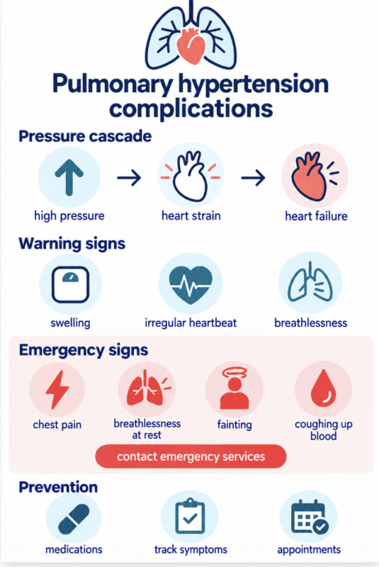 A graphic shows potential complications of pulmonary hypertension.